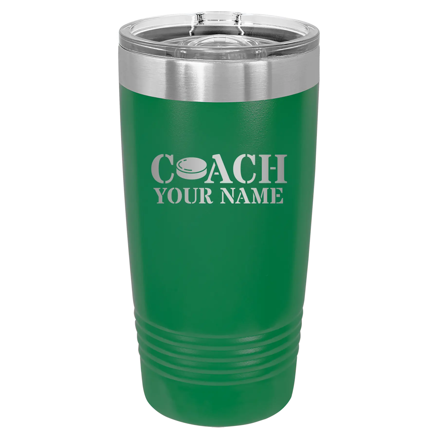 Personalized green 20 oz vacuum insulated tumbler with 'Coach Hockey' design