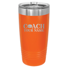 Personalized orange 20 oz vacuum insulated tumbler with 'Coach Hockey' design