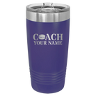 Personalized purple 20 oz vacuum insulated tumbler with 'Coach Hockey' design