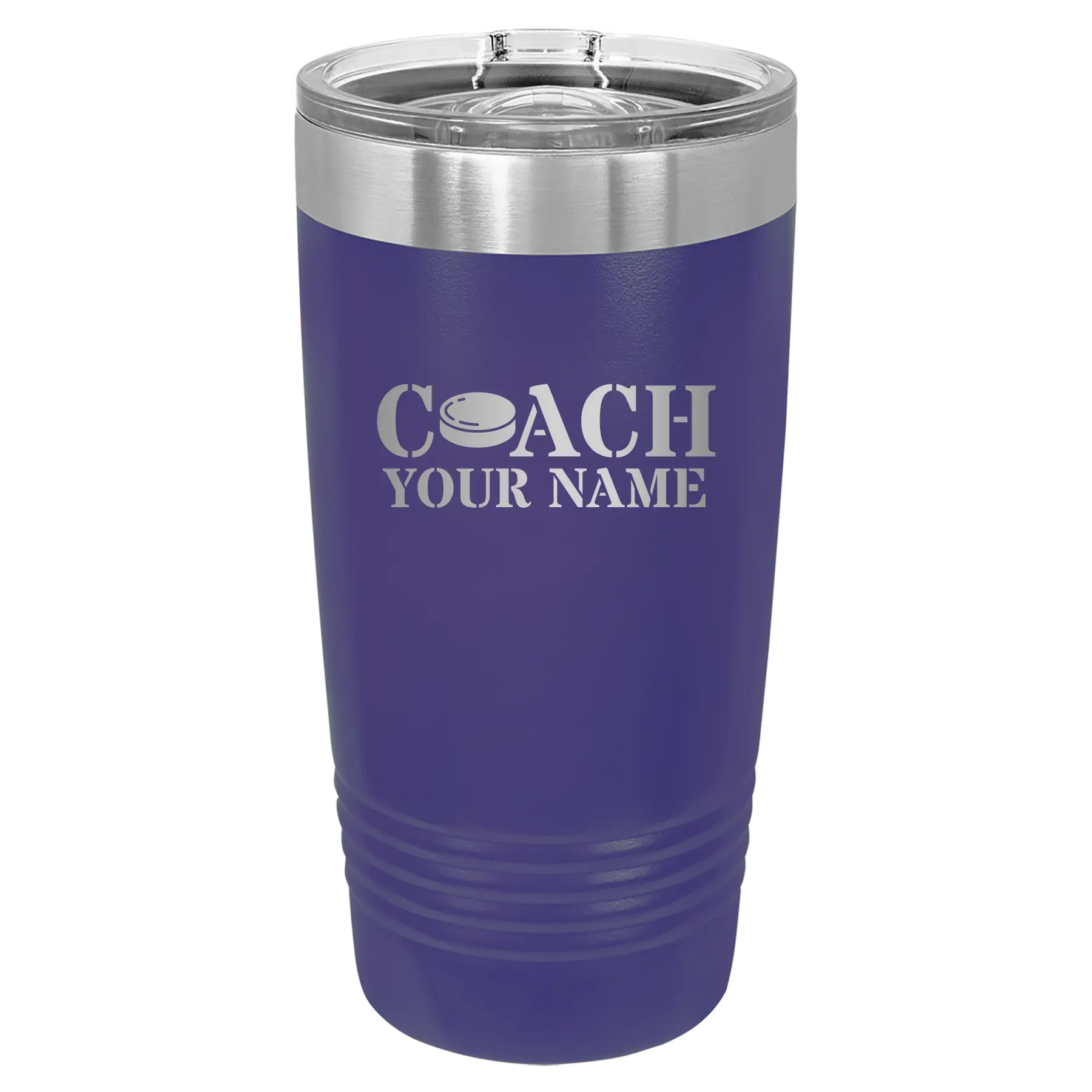 Personalized purple 20 oz vacuum insulated tumbler with 'Coach Hockey' design