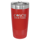 Personalized red 20 oz vacuum insulated tumbler with 'Coach Hockey' design