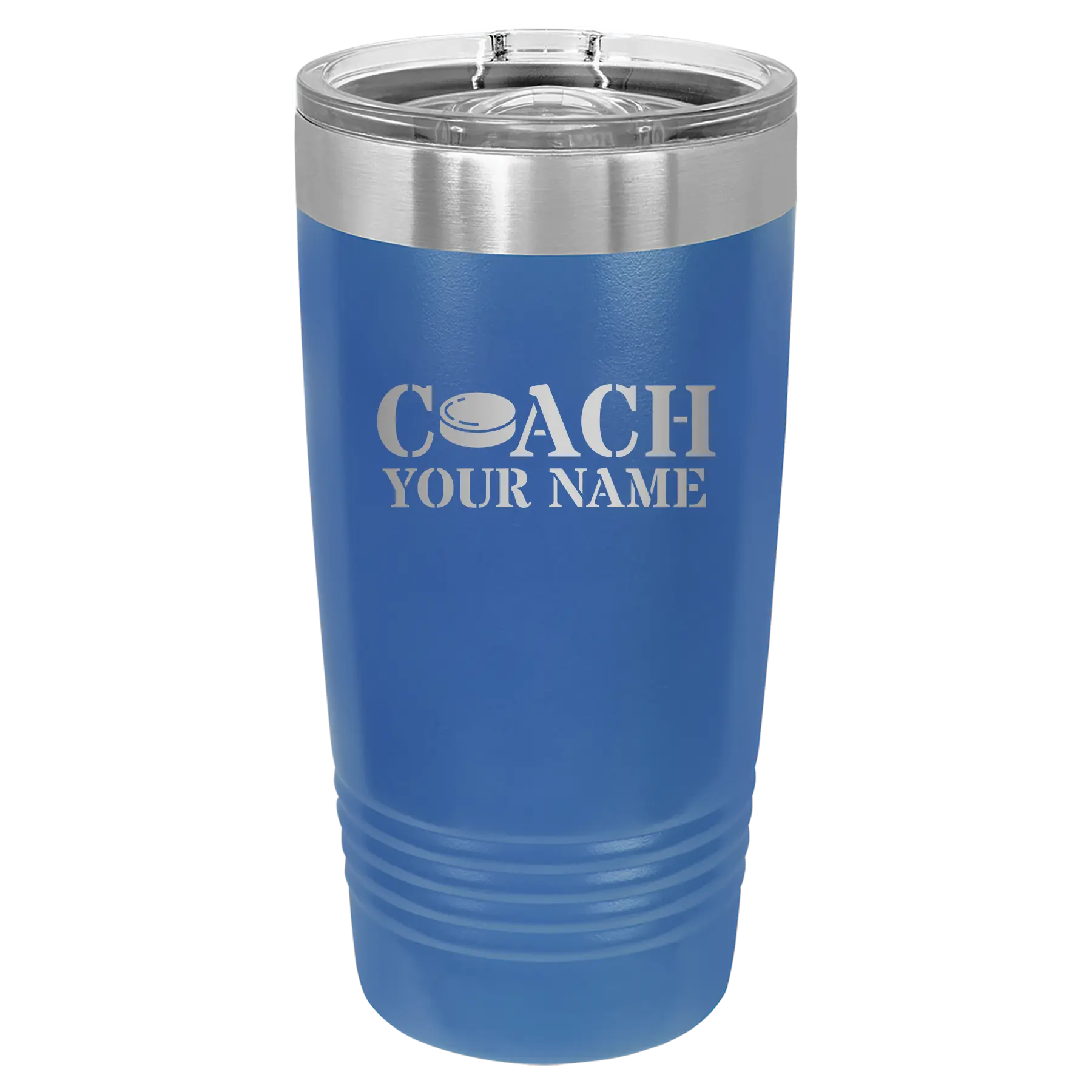 Personalized royal blue 20 oz vacuum insulated tumbler with 'Coach Hockey' design