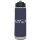 Personalized navy 20 oz vacuum insulated water bottle with 'Coach Hockey' design