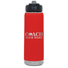 Personalized red 20 oz vacuum insulated water bottle with 'Coach Hockey' design