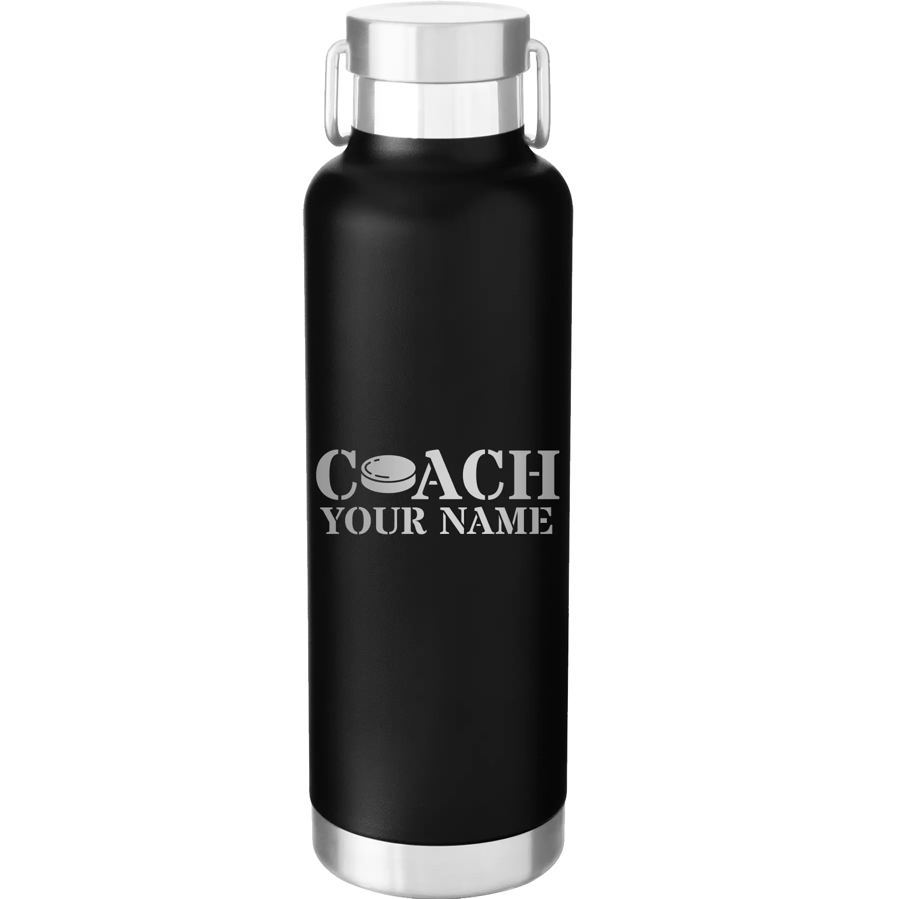 Personalized black 24 oz vacuum insulated water bottle with 'Coach Hockey' design