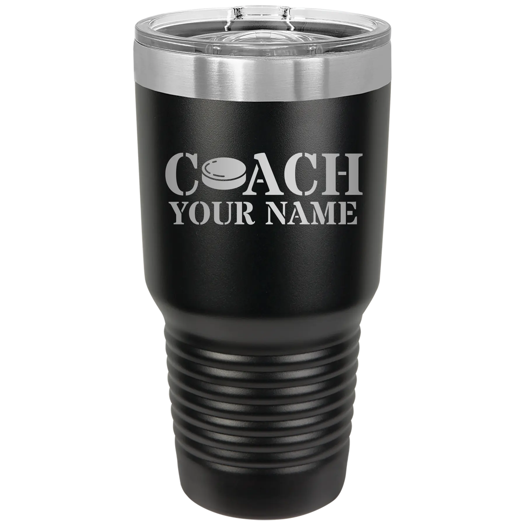 Personalized black 30 oz vacuum insulated tumbler with 'Coach Hockey' design