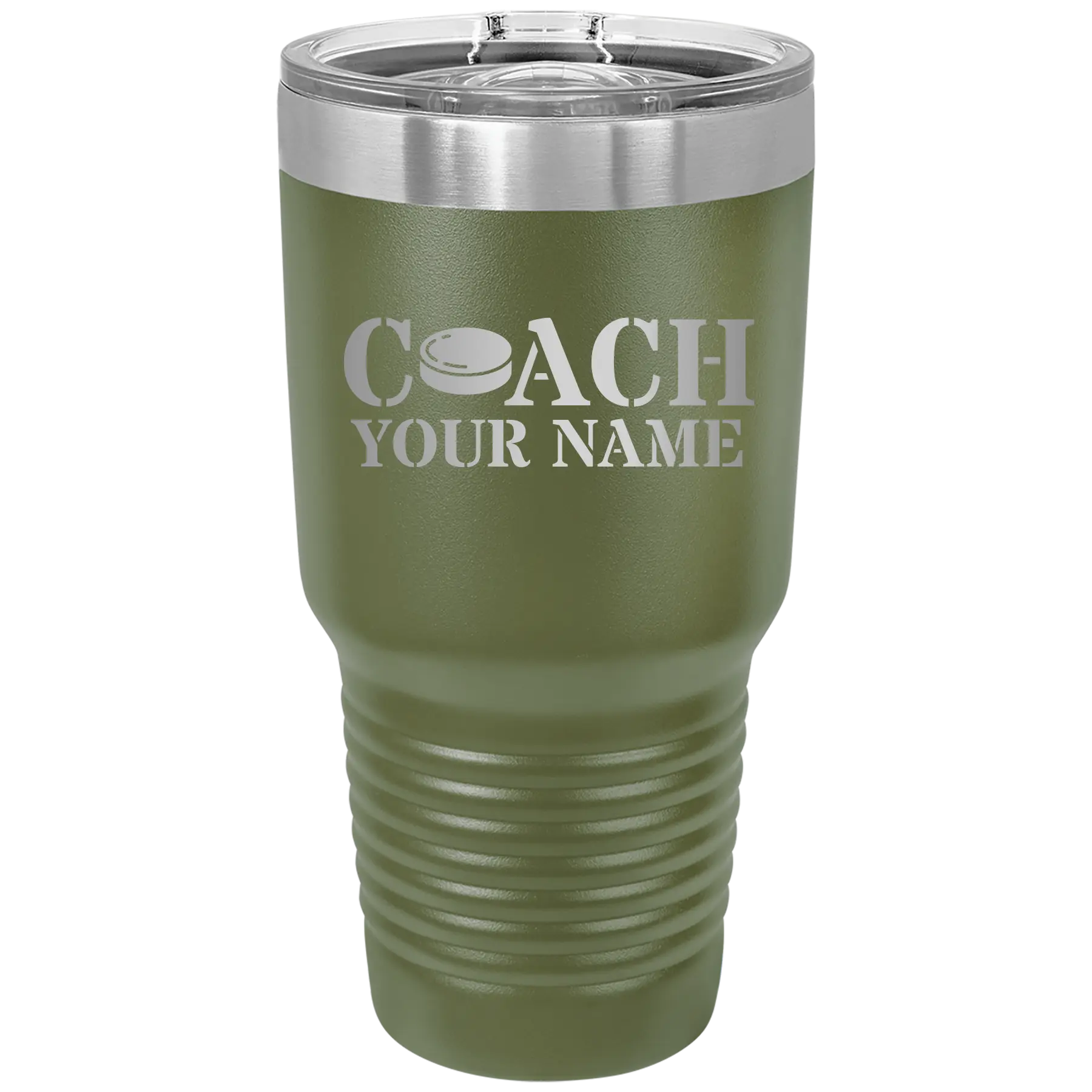 Personalized olive green 30 oz vacuum insulated tumbler with 'Coach Hockey' design
