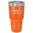 Personalized orange 30 oz vacuum insulated tumbler with 'Coach Hockey' design
