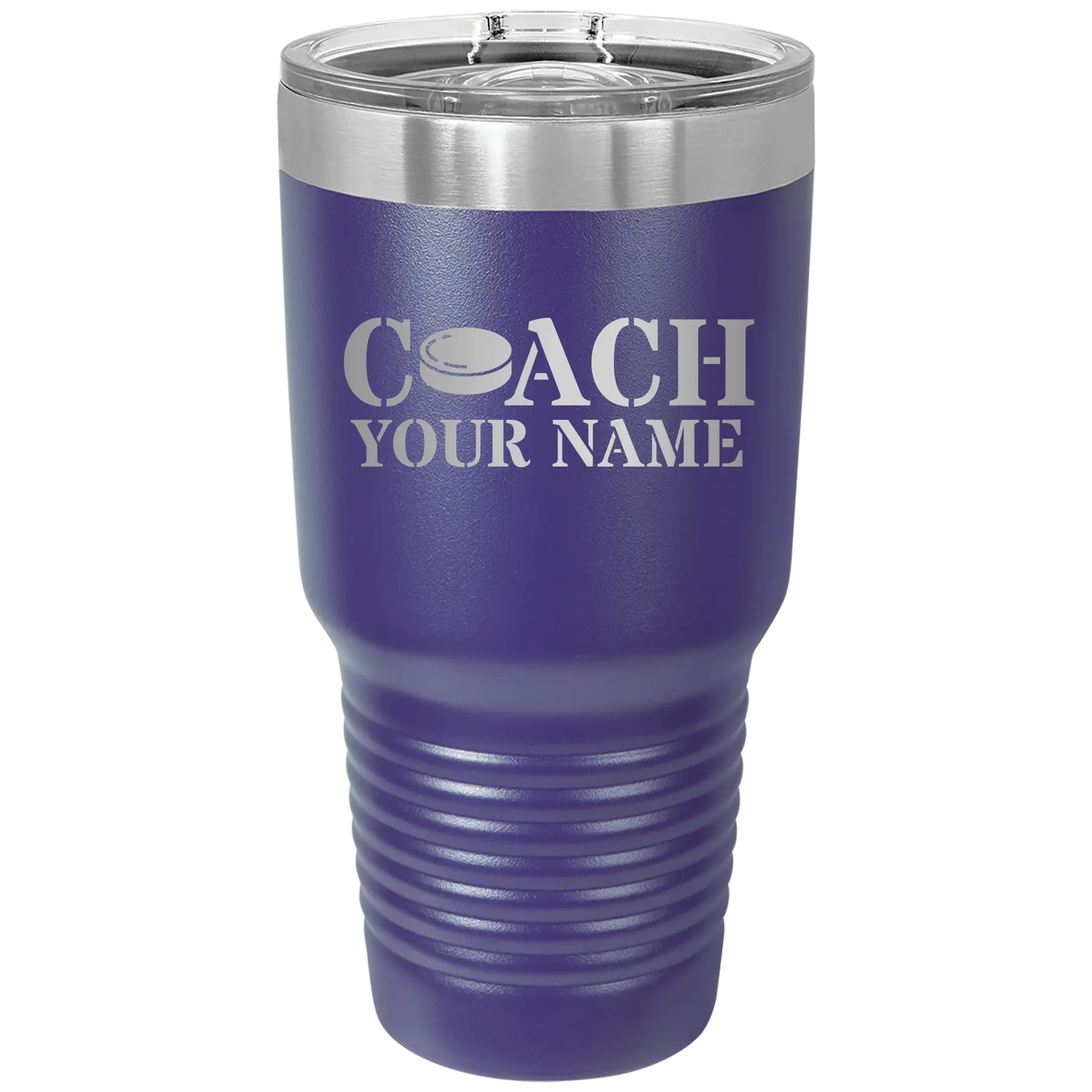 Personalized purple 30 oz vacuum insulated tumbler with 'Coach Hockey' design