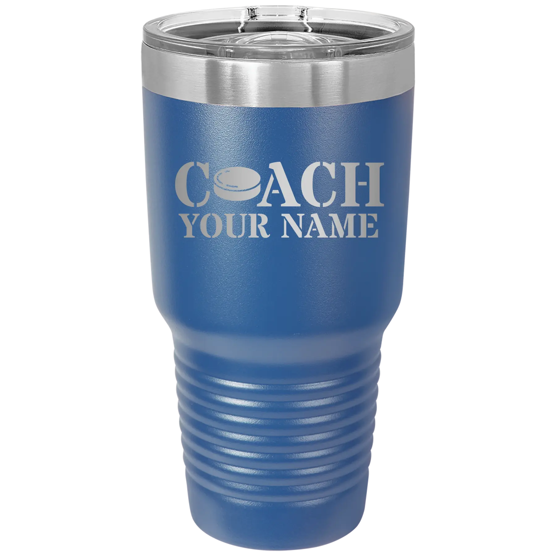 Personalized royal blue 30 oz vacuum insulated tumbler with 'Coach Hockey' design