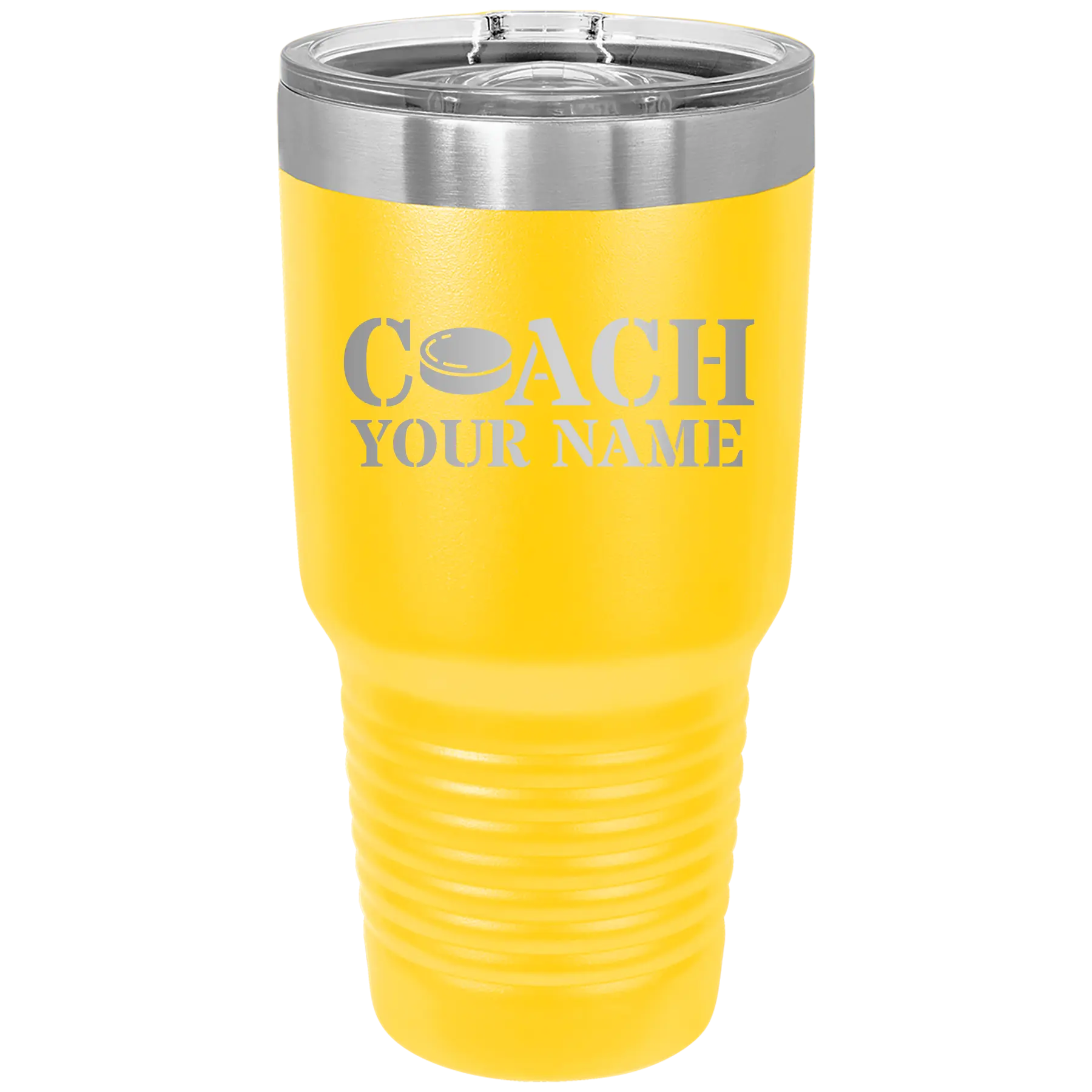 Personalized yellow 30 oz vacuum insulated tumbler with 'Coach Hockey' design