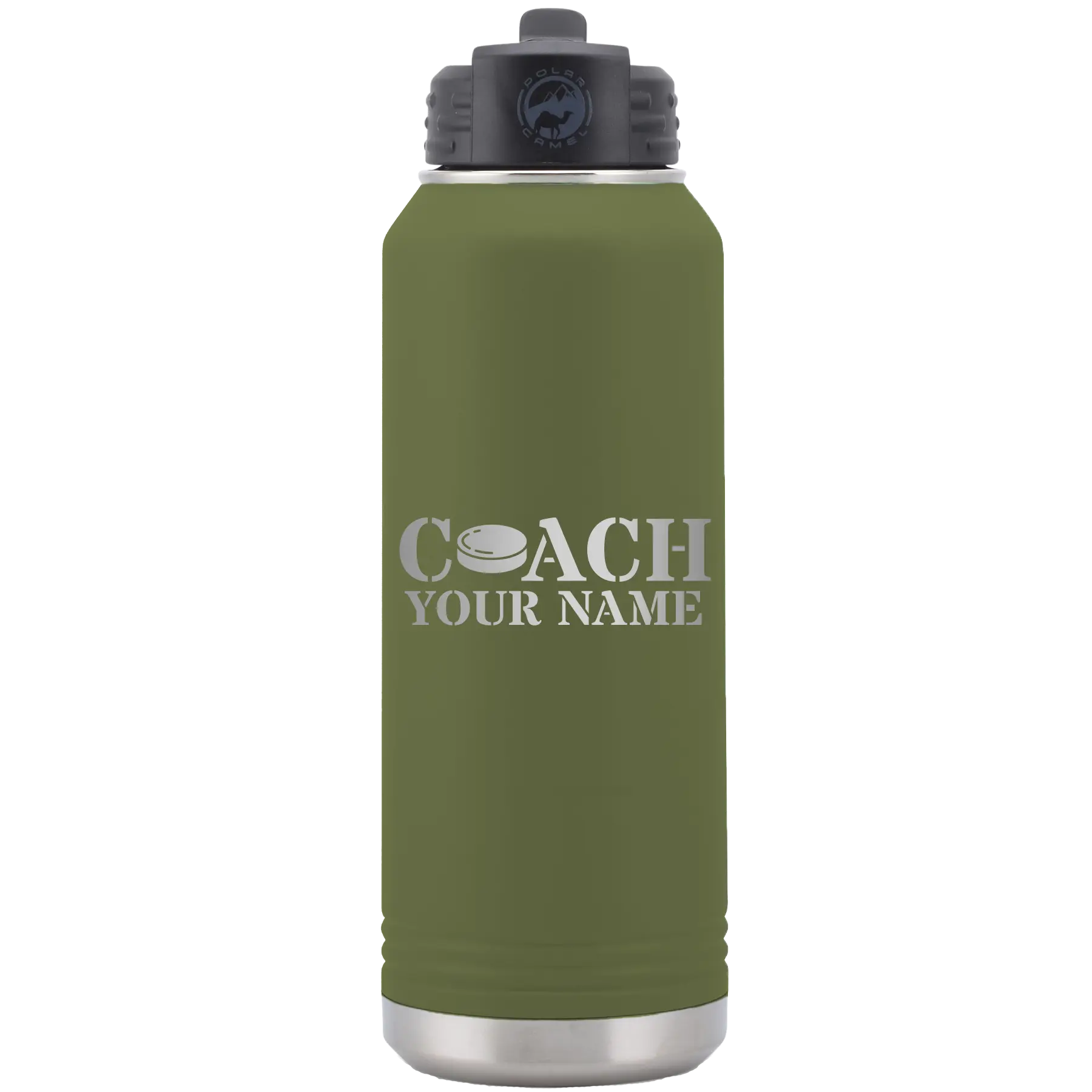 Personalized olive green 32 oz vacuum insulated water bottle with 'Coach Hockey' design