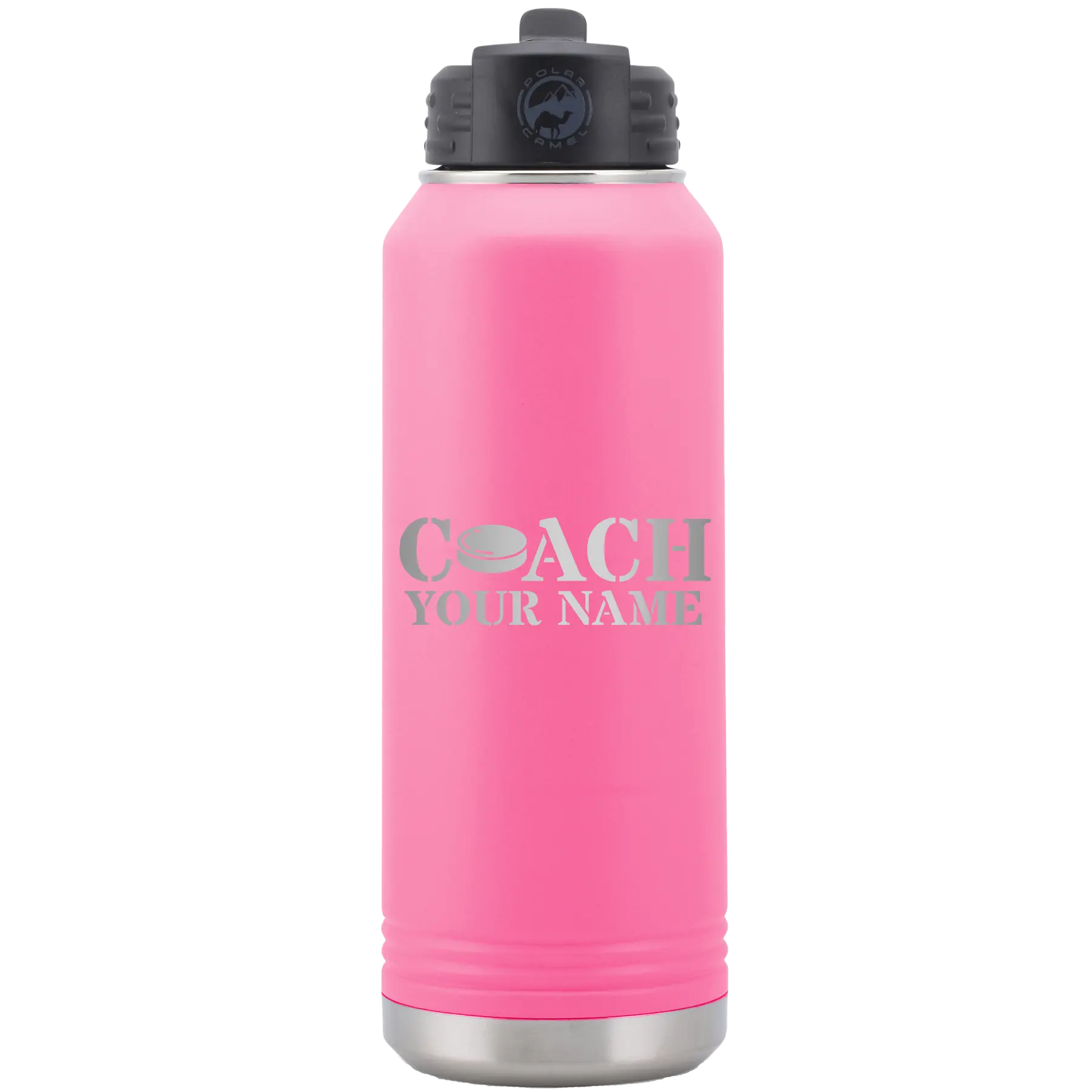 Personalized pink 32 oz vacuum insulated water bottle with 'Coach Hockey' design