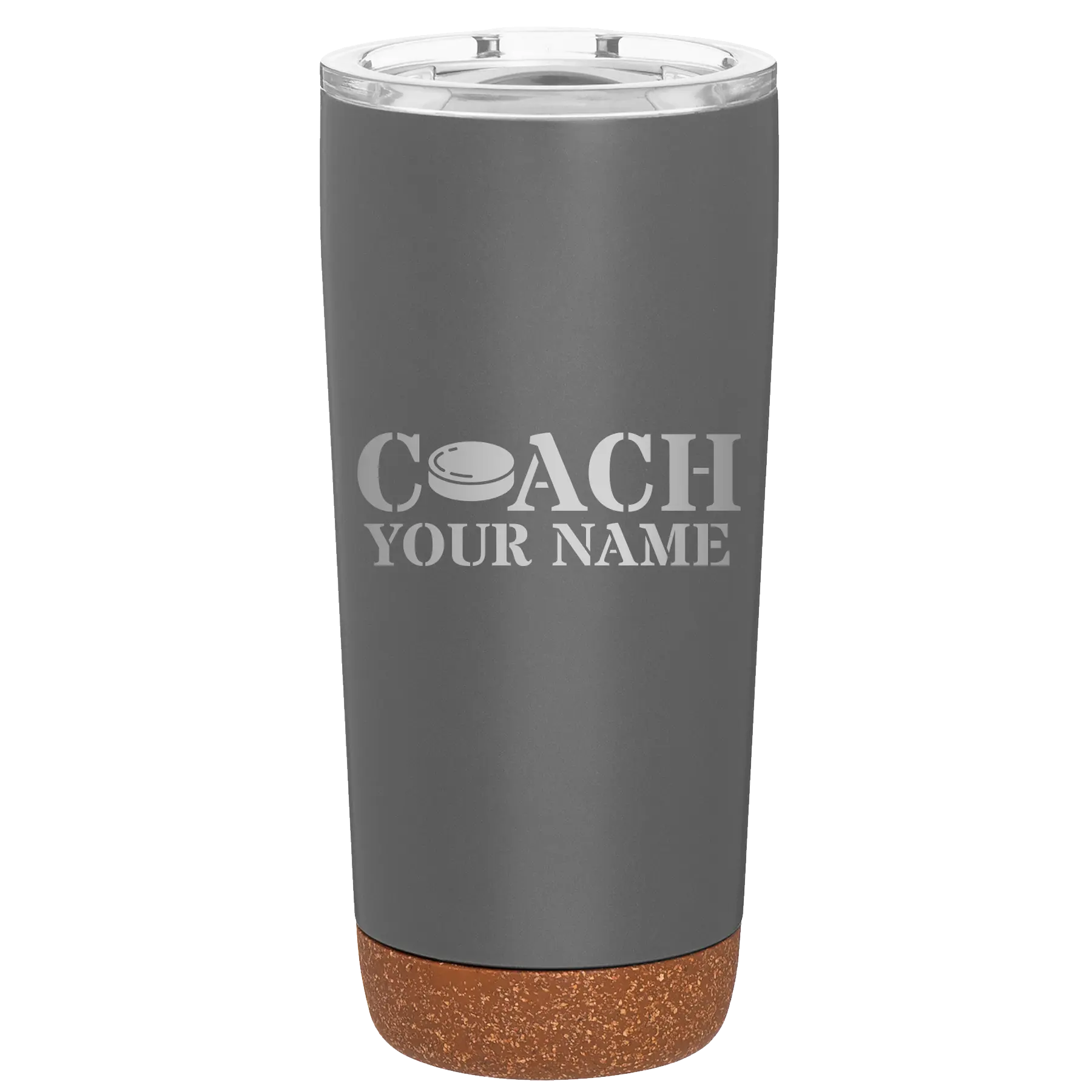 Personalized storm gray 20 oz vacuum insulated tumbler with 'Coach Hockey' design