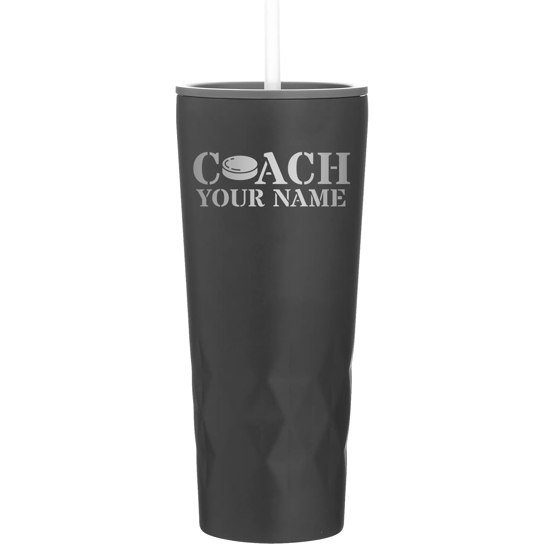 Personalized black 20 oz vacuum insulated tumbler with 'Coach Hockey' design