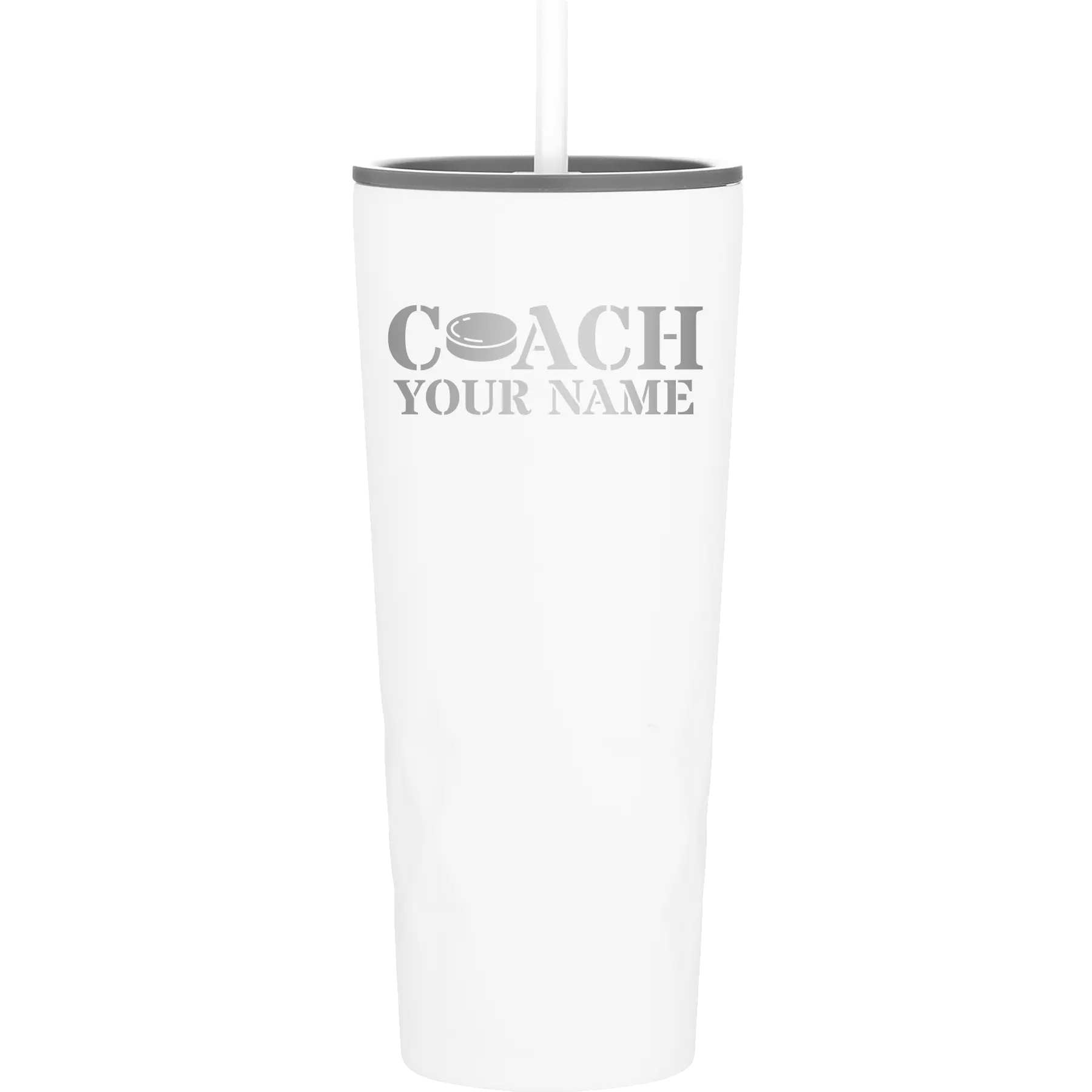 Personalized white 20 oz vacuum insulated tumbler with 'Coach Hockey' design