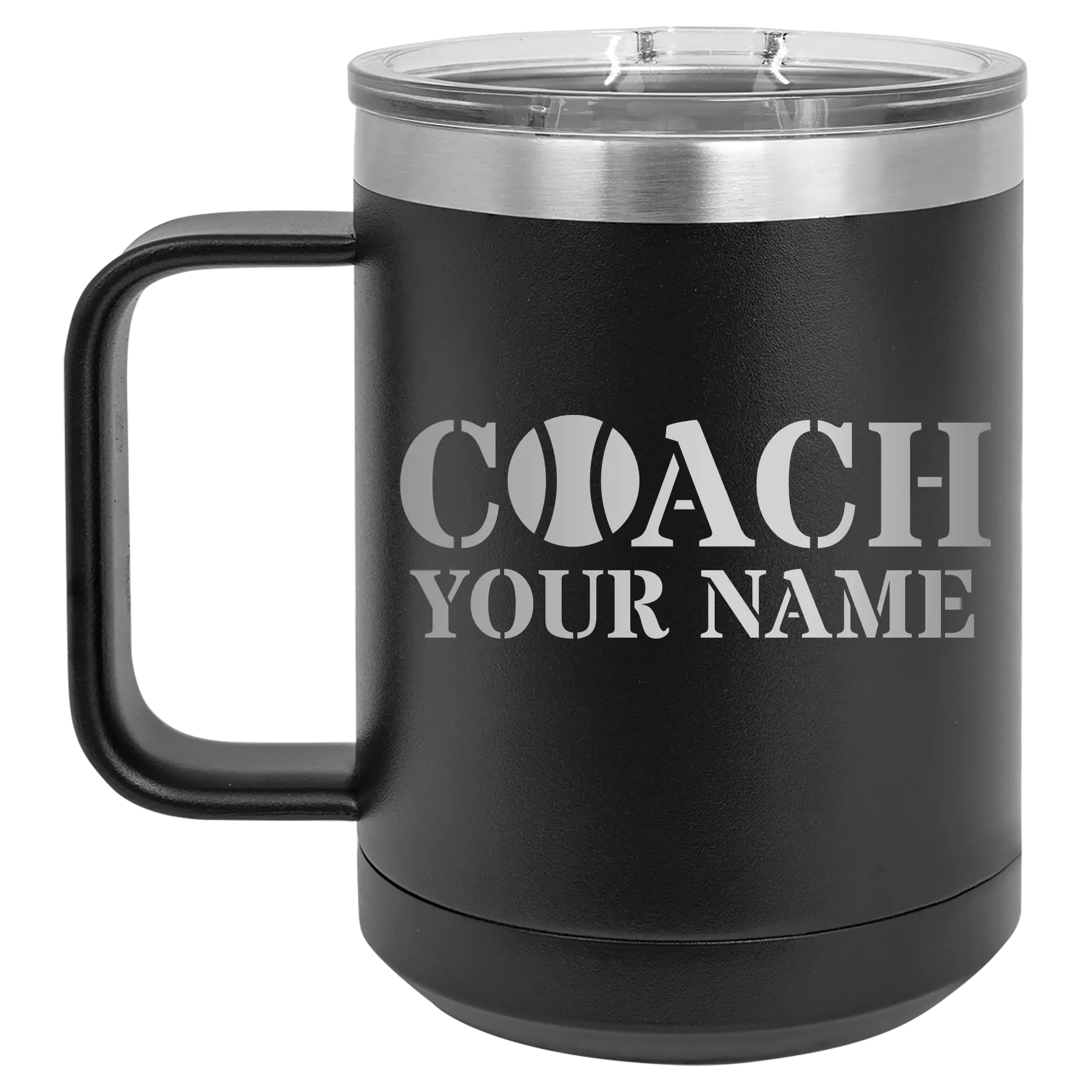 Personalized black 15 oz vacuum insulated coffee mug with 'Coach Tennis' design