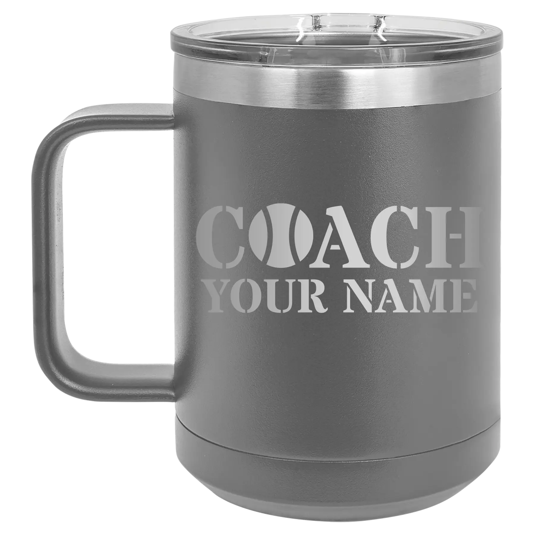 Personalized dark gray 15 oz vacuum insulated coffee mug with 'Coach Tennis' design