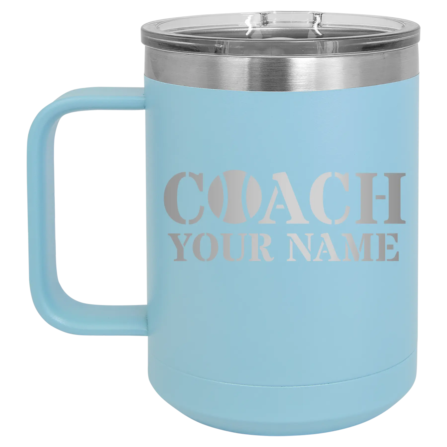 Personalized light blue 15 oz vacuum insulated coffee mug with 'Coach Tennis' design