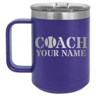 Personalized purple 15 oz vacuum insulated coffee mug with 'Coach Tennis' design