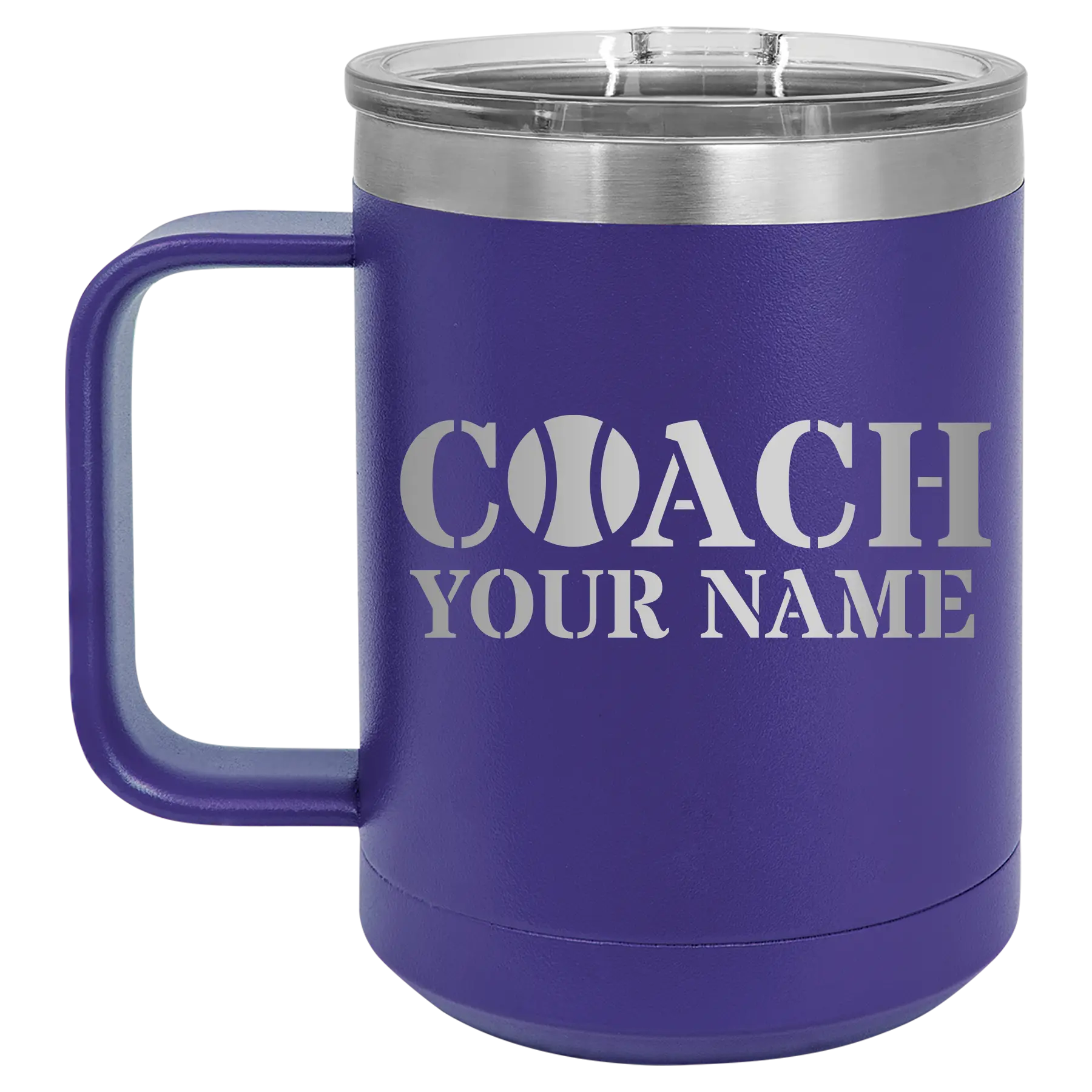 Personalized purple 15 oz vacuum insulated coffee mug with 'Coach Tennis' design