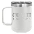 Personalized white 15 oz vacuum insulated coffee mug with 'Coach Tennis' design