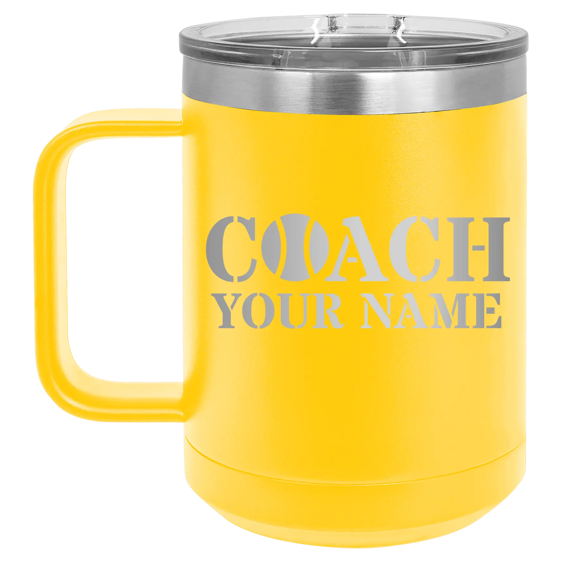 Personalized yellow 15 oz vacuum insulated coffee mug with 'Coach Tennis' design