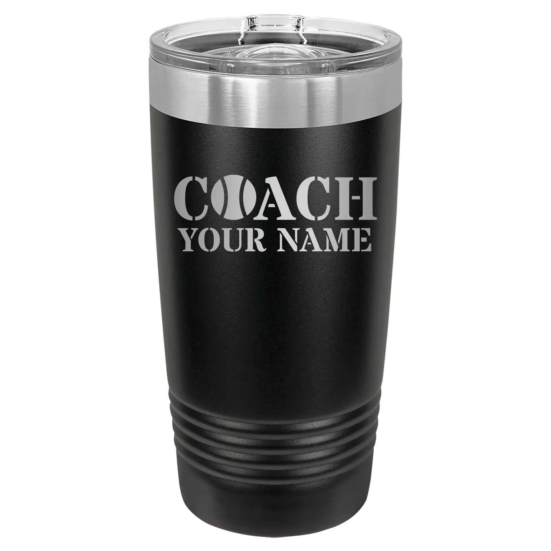 Personalized black 20 oz vacuum insulated tumbler with 'Coach Tennis' design