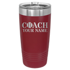 Personalized maroon 20 oz vacuum insulated tumbler with 'Coach Tennis' design