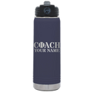 Personalized navy 20 oz vacuum insulated water bottle with 'Coach Tennis' design