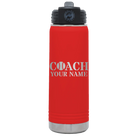Personalized red 20 oz vacuum insulated water bottle with 'Coach Tennis' design