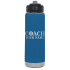 Personalized royal blue 20 oz vacuum insulated water bottle with 'Coach Tennis' design
