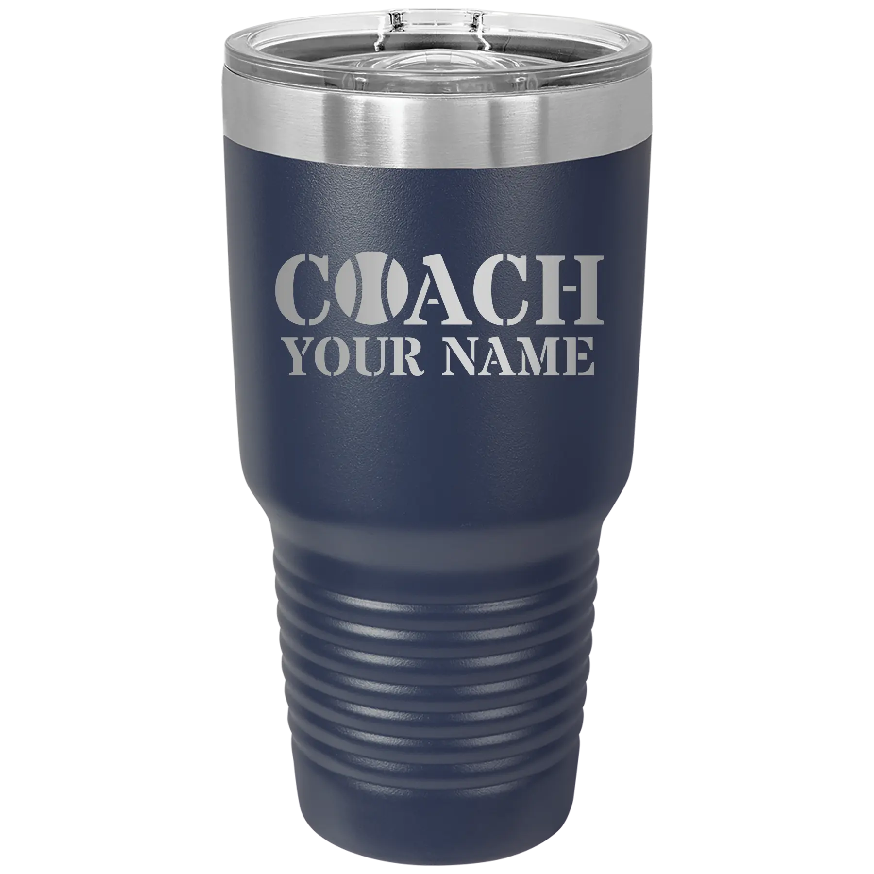 Personalized navy 30 oz vacuum insulated tumbler with 'Coach Tennis' design