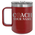 Personalized maroon 15 oz vacuum insulated coffee mug with 'Coach Volleyball' design