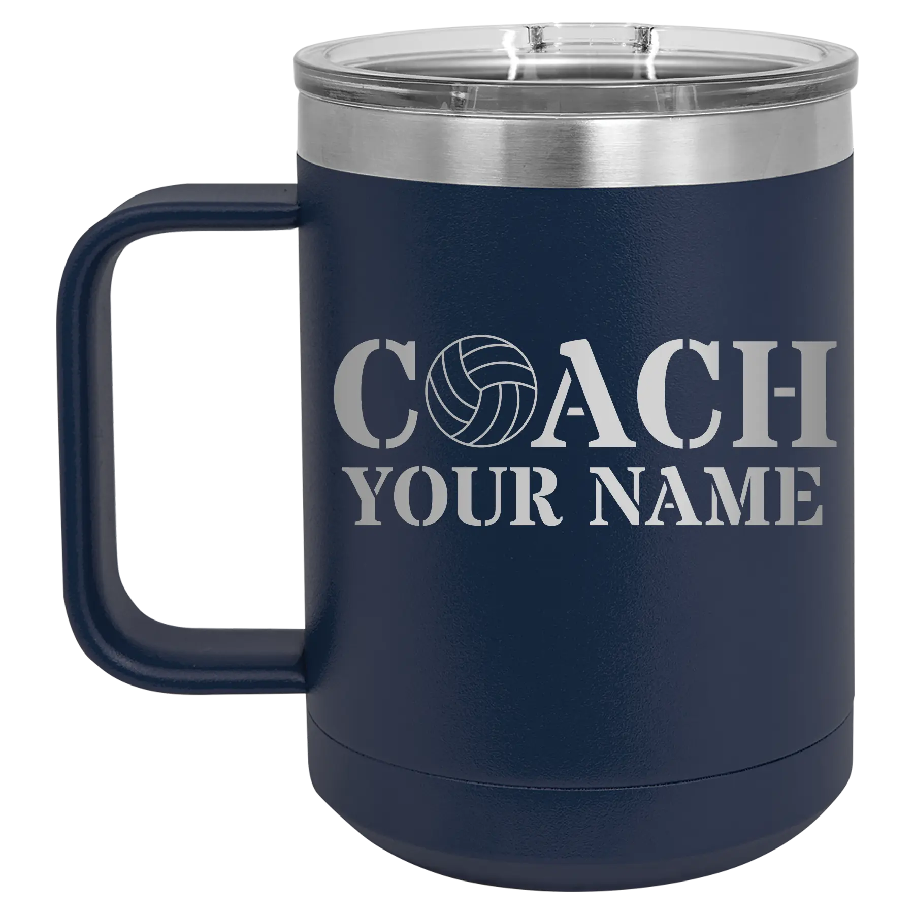 Personalized navy 15 oz vacuum insulated coffee mug with 'Coach Volleyball' design