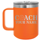 Personalized orange 15 oz vacuum insulated coffee mug with 'Coach Volleyball' design