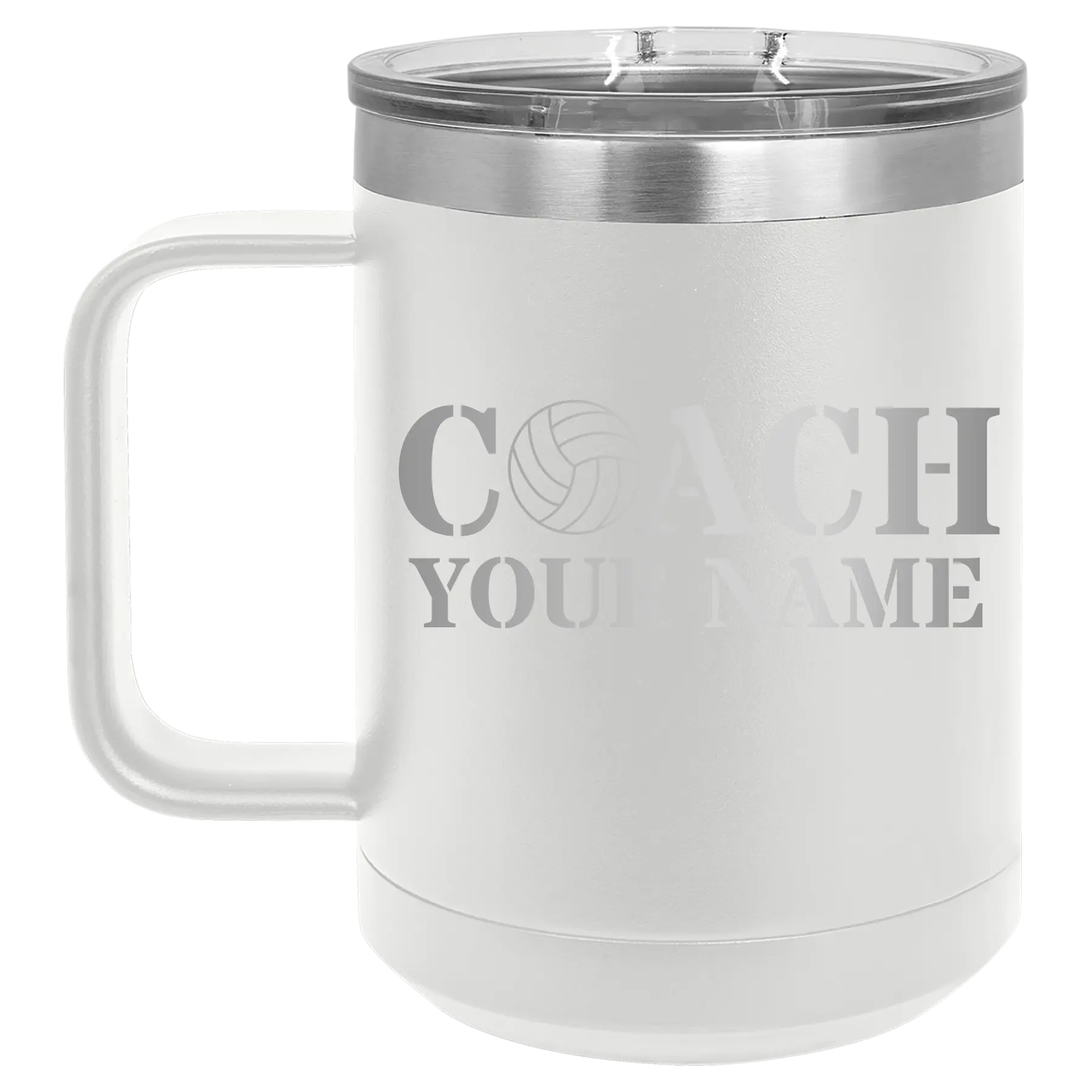 Personalized white 15 oz vacuum insulated coffee mug with 'Coach Volleyball' design