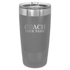 Personalized dark gray 20 oz vacuum insulated tumbler with 'Coach Volleyball' design