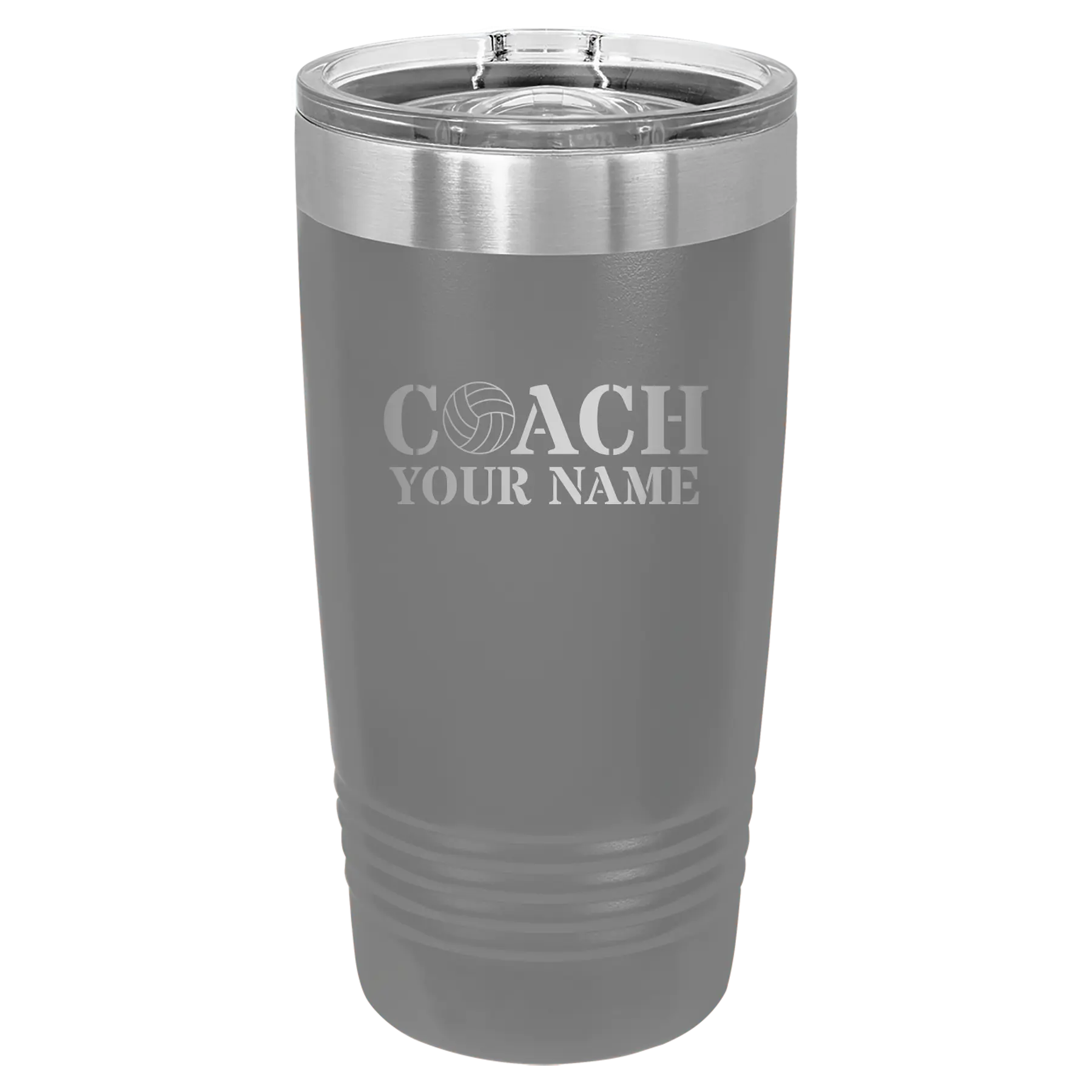 Personalized dark gray 20 oz vacuum insulated tumbler with 'Coach Volleyball' design
