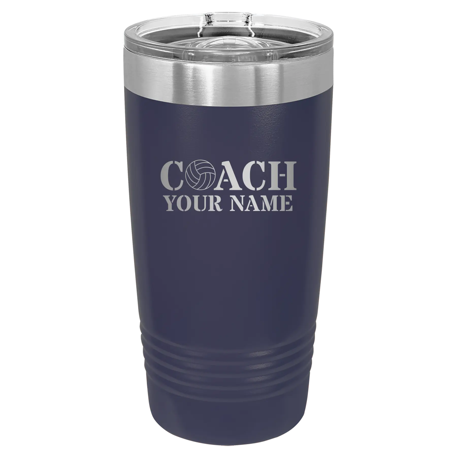 Personalized navy 20 oz vacuum insulated tumbler with 'Coach Volleyball' design