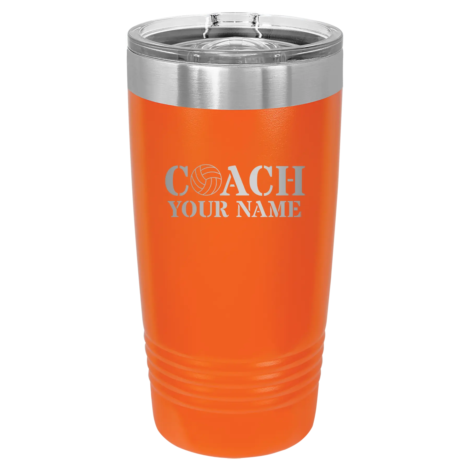 Personalized orange 20 oz vacuum insulated tumbler with 'Coach Volleyball' design