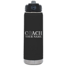 Personalized black 20 oz vacuum insulated water bottle with 'Coach Volleyball' design