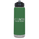 Personalized green 20 oz vacuum insulated water bottle with 'Coach Volleyball' design