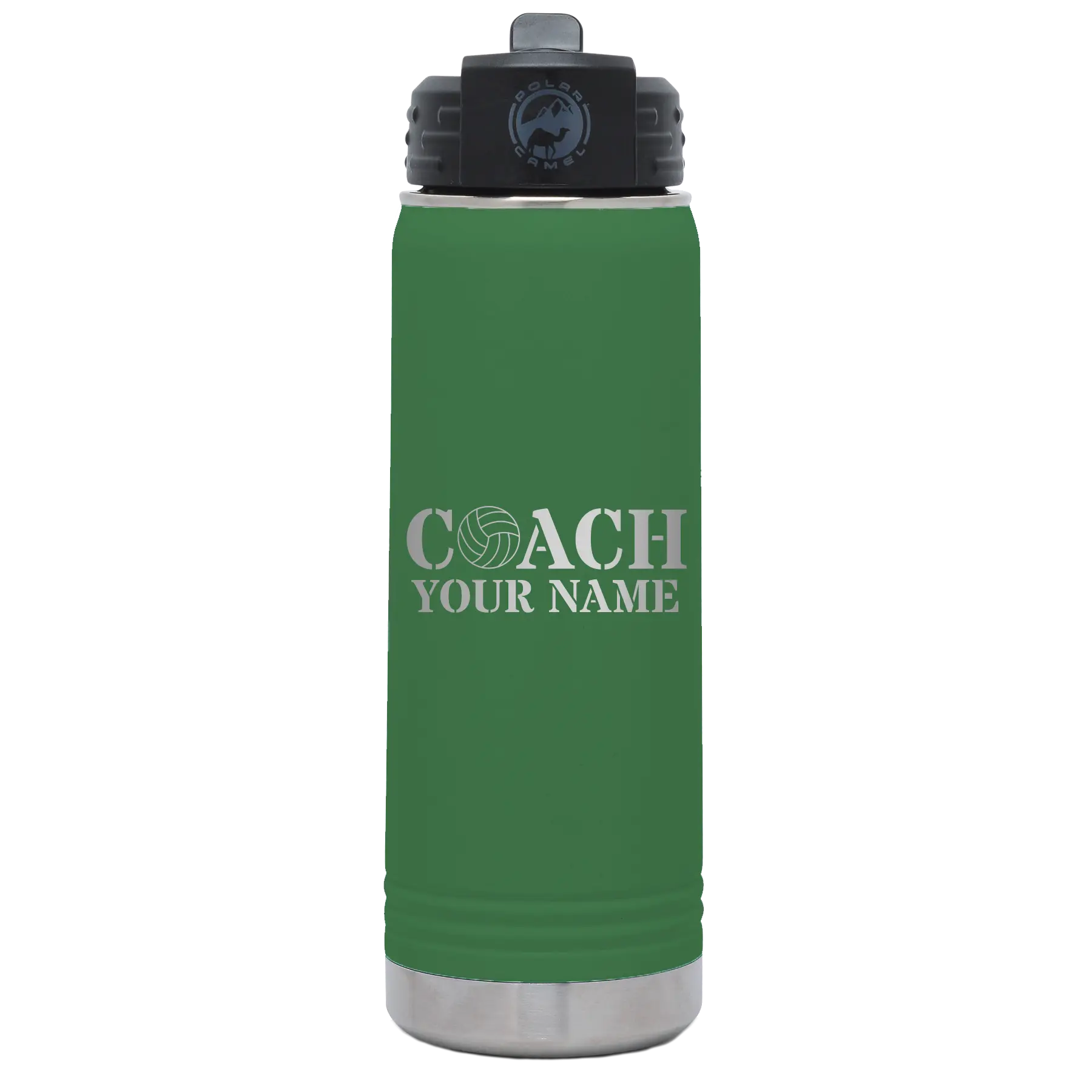 Personalized green 20 oz vacuum insulated water bottle with 'Coach Volleyball' design