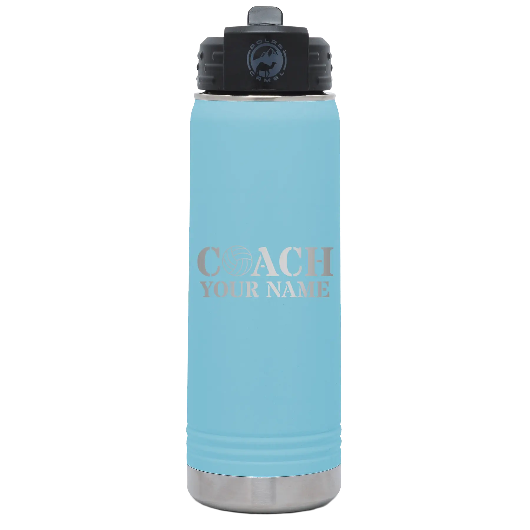 Personalized light blue 20 oz vacuum insulated water bottle with 'Coach Volleyball' design