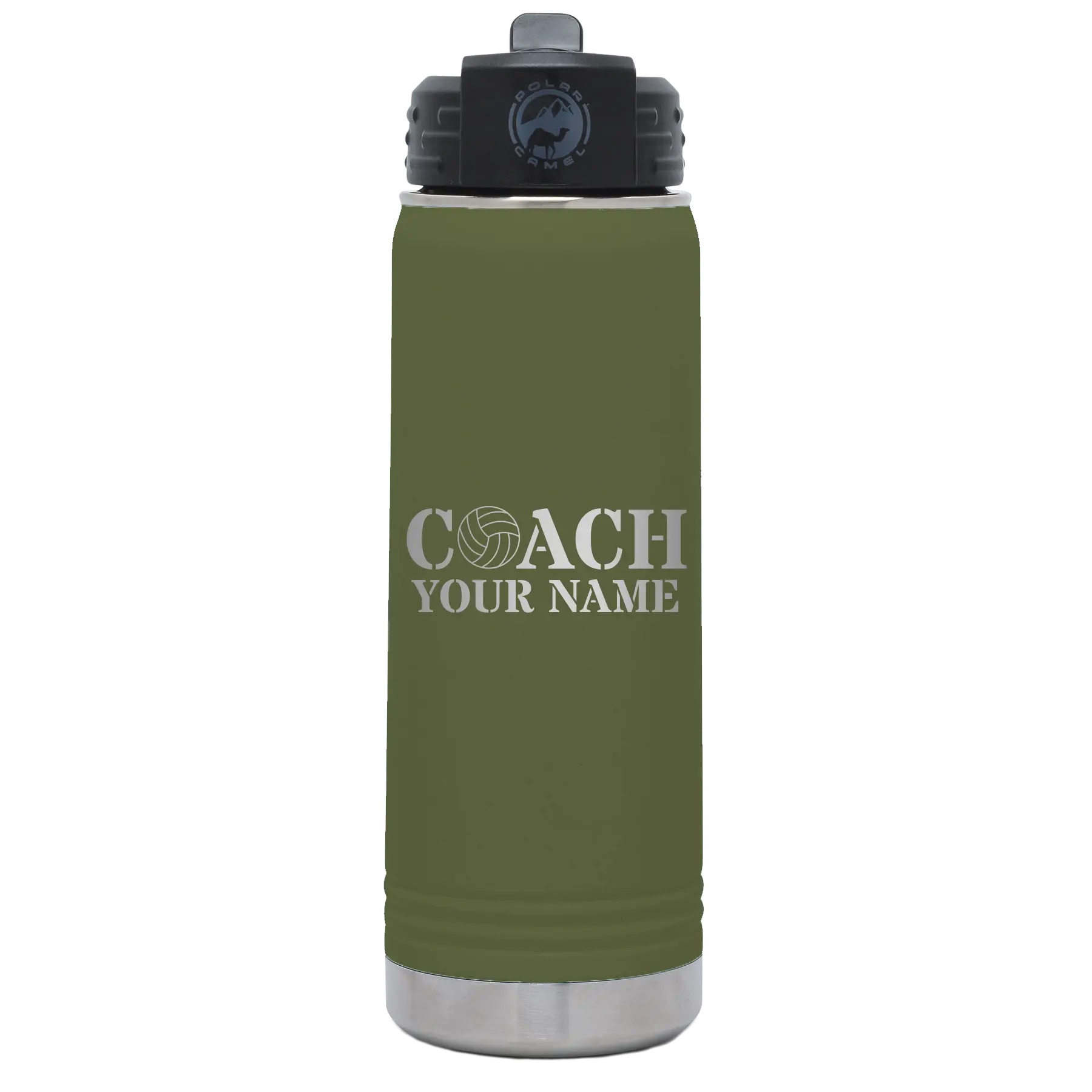 Personalized olive green 20 oz vacuum insulated water bottle with 'Coach Volleyball' design