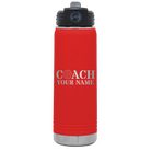 Personalized red 20 oz vacuum insulated water bottle with 'Coach Volleyball' design