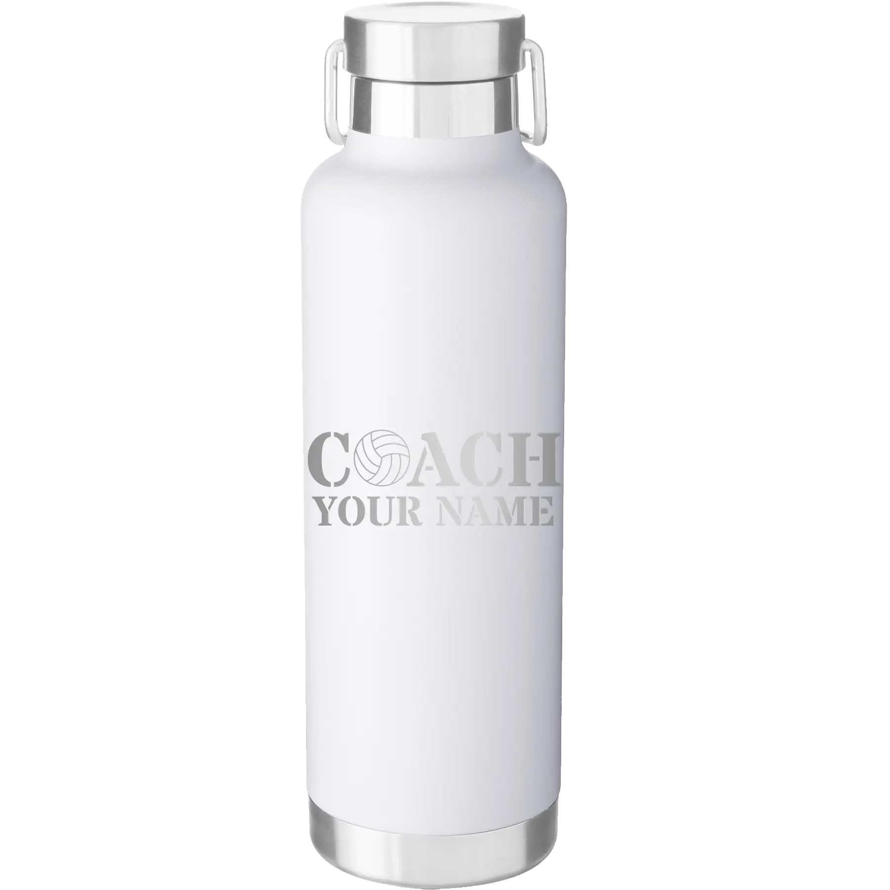 Personalized white 24 oz vacuum insulated water bottle with 'Coach Volleyball' design