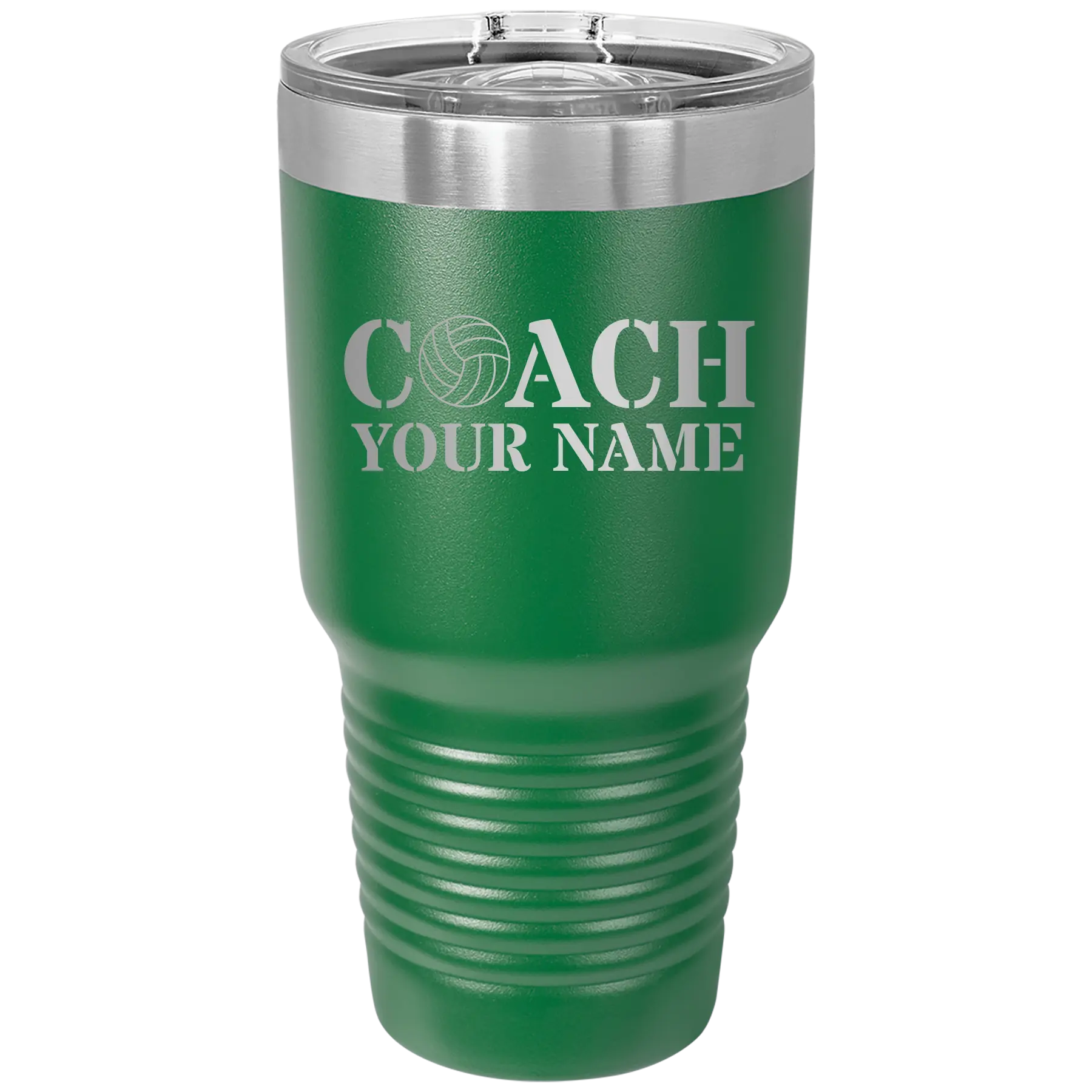 Personalized green 30 oz vacuum insulated tumbler with 'Coach Volleyball' design