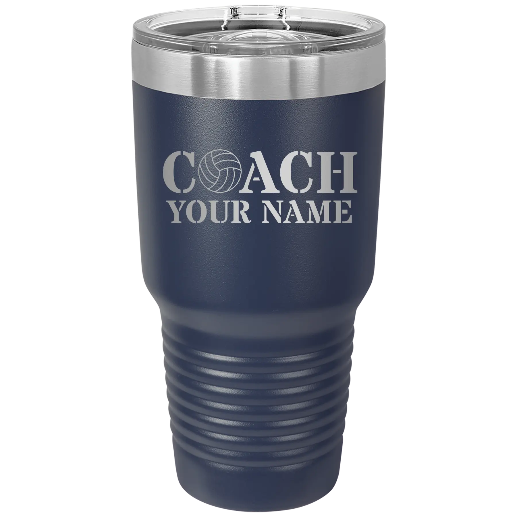 Personalized navy 30 oz vacuum insulated tumbler with 'Coach Volleyball' design